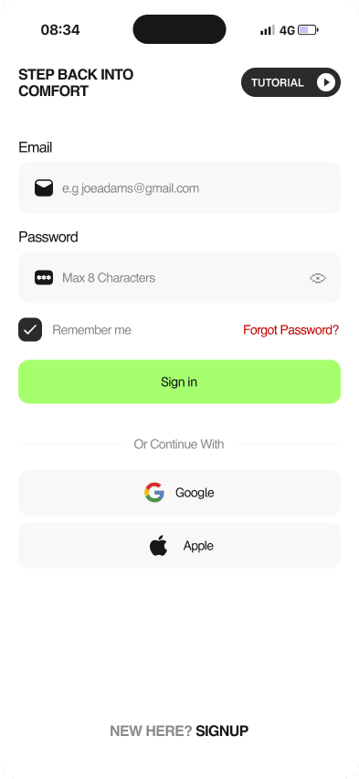 Login screen